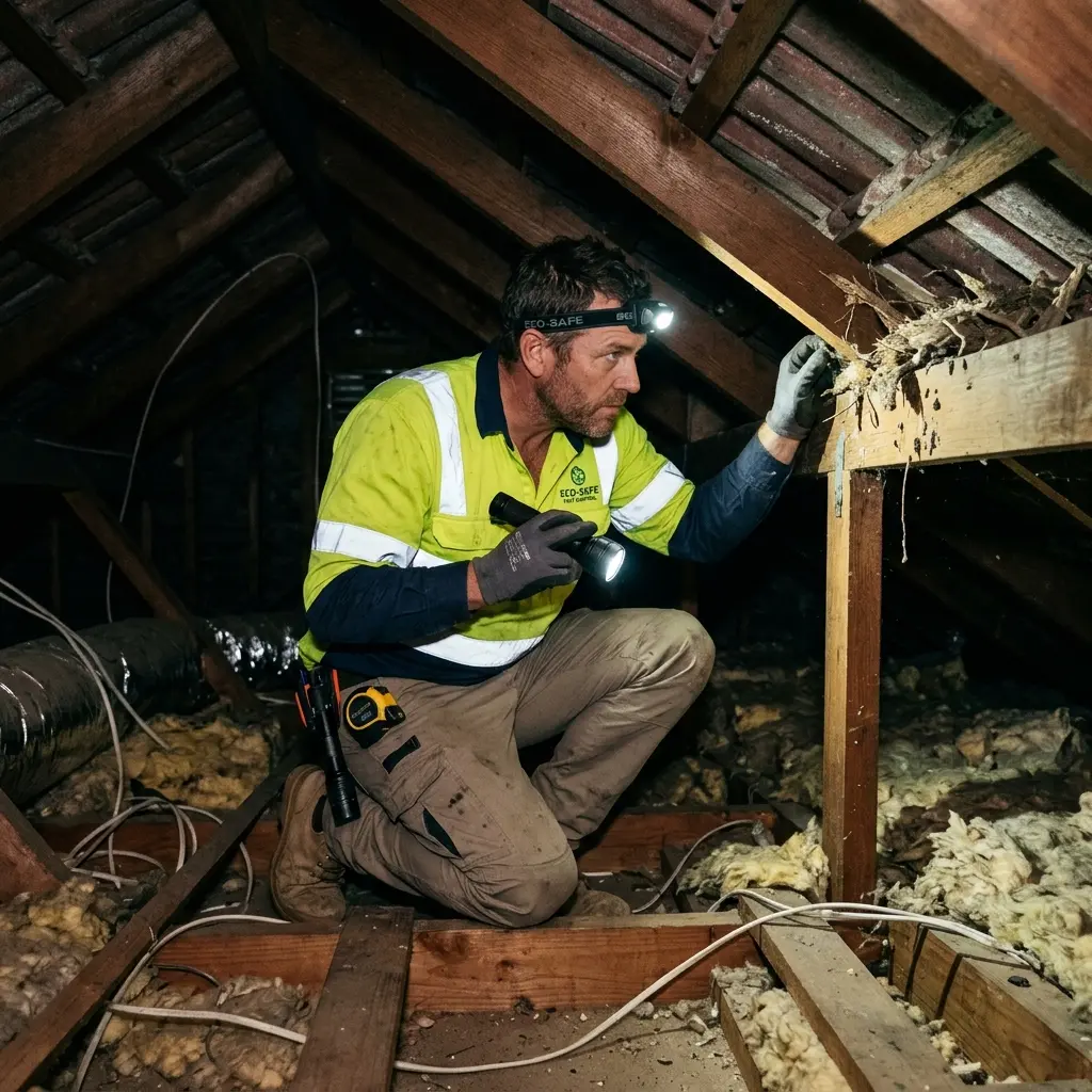 Technician inspecting a roof cavity for a dead animal in Russells Bridge