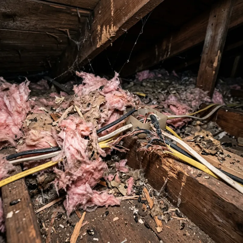 Contaminated ceiling insulation being assessed in a Russells Bridge roof space