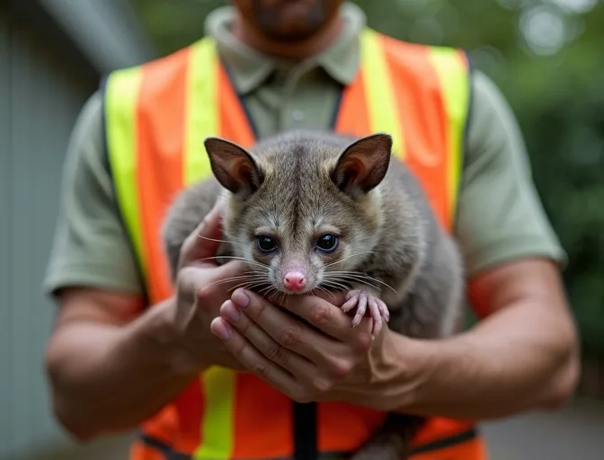 Animal handler safely recovering a deceased possum in Russells Bridge