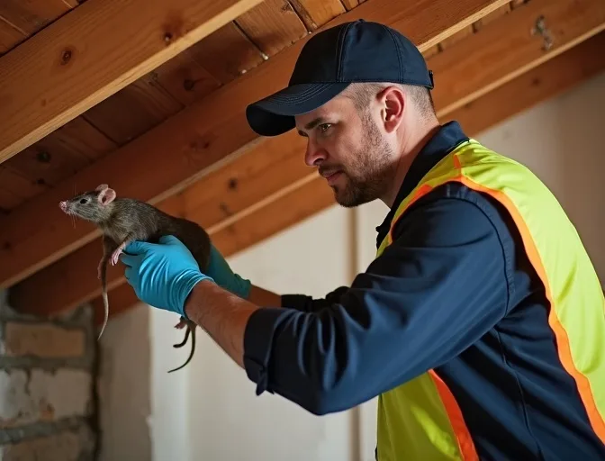 Technician inspecting a roof cavity for a dead rat in Russells Bridge